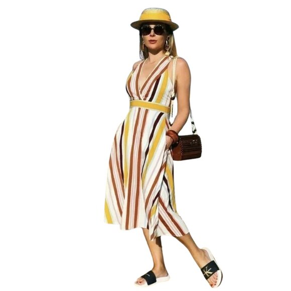 Sixty & Co Dresses & Skirts - Sixty & Co Ecru Mustard Striped Midi Dress with Crossover Straps & Pockets